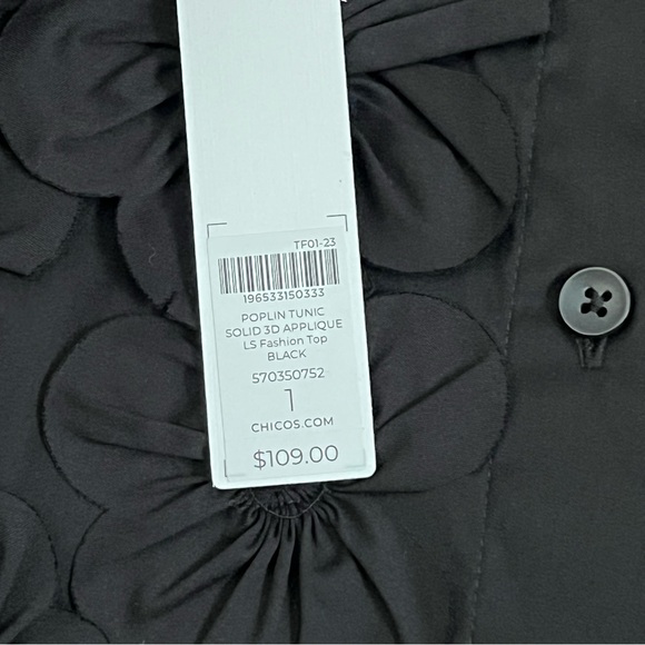 Chico's Black Poplin 3D Appliqué Button Down Shirt with Floral Detail - Picture 5 of 9